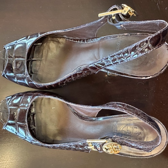 Tory Burch Brown Embossed Leather Peep Toe Slingback Heel - sz 7 - Lightly Worn - Picture 4 of 7